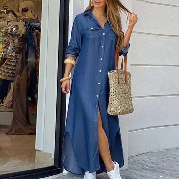 Jeans Femme Hiver Robe coreenne en Denim grande taille a la mode pour femmes en jean a revers fendue longue Sexy robe d et Blue Cdiscount Pret a Porter