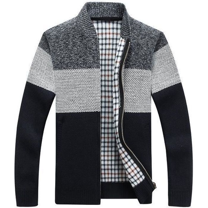 Pull long pour homme Hiver mode Patchwork Gris fonce Col montant
