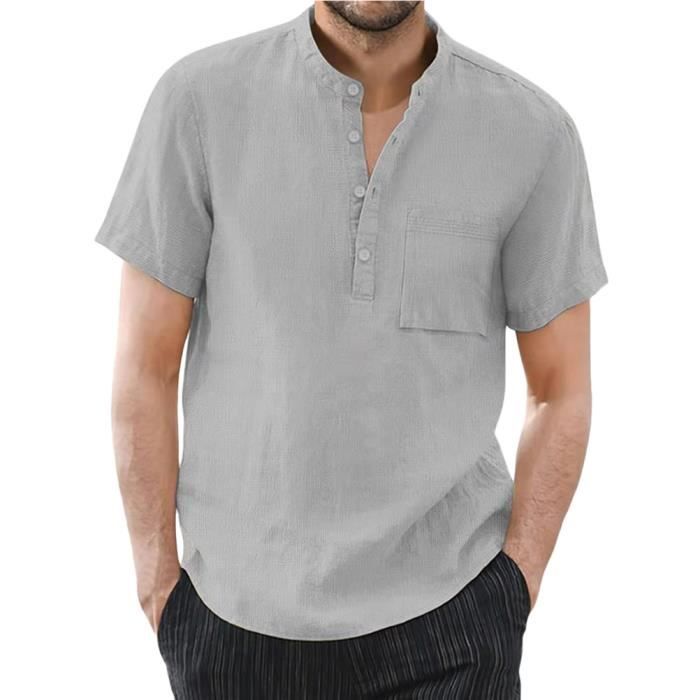 Chemise à manches longues et col Henley pour hommes, couleur unie, déc