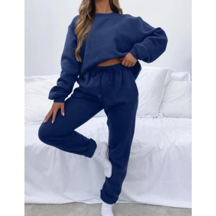 Sportswear Chic Femmes Ensemble Casual Survetement 2 pieces Mode T-shirt a  Manche Longue Pantalon - bleu ZP