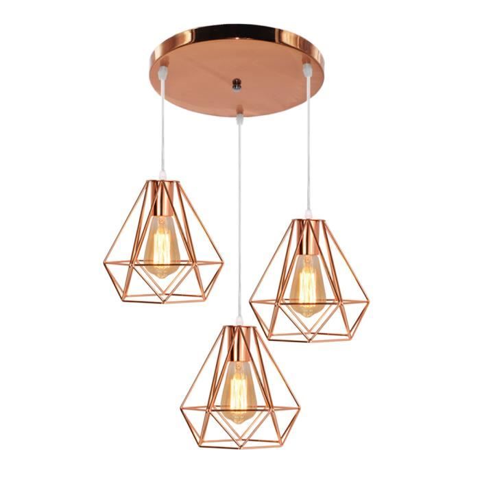 lustre suspension diamant lampe plafonnier de abat jour metal or rose avec 3 lampes socle double corde ajustable cdiscount maison