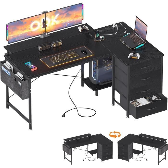 Bureau En L Avec Prise De Charge Usb Et Prise De Courant, Bureau D'Angle Noir Avec 4 Tiroirs Et