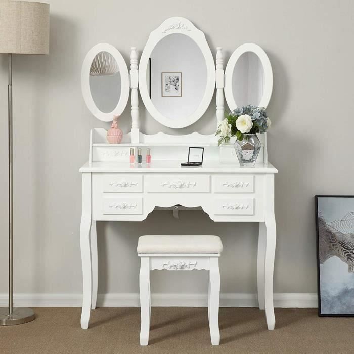 Coiffeuse 7 Tiroirs 3 Miroirs Rabattables Tabouret 90 X 40 X 145