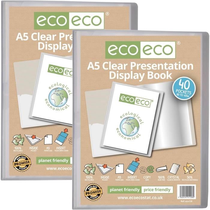 Porte-vues A6 Recyclés - Lot De 6 Avec 40 Pochettes - Couverture Noire Rigide - Pochette De Présentation Transparente - Écologique