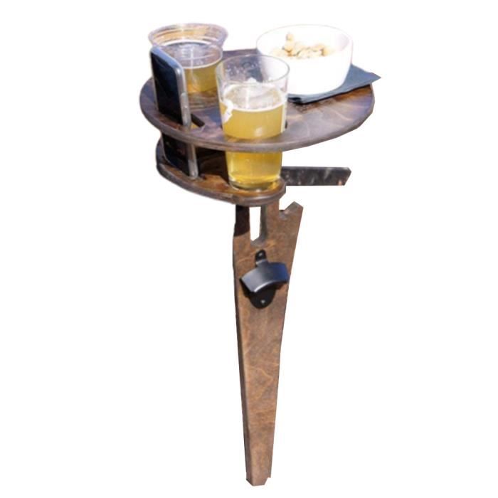Table à Vin Pliante Extérieure – Table Ronde Pique-Nique Bois Avec Porte-Verres – Idéale Plage, Jardin, Camping