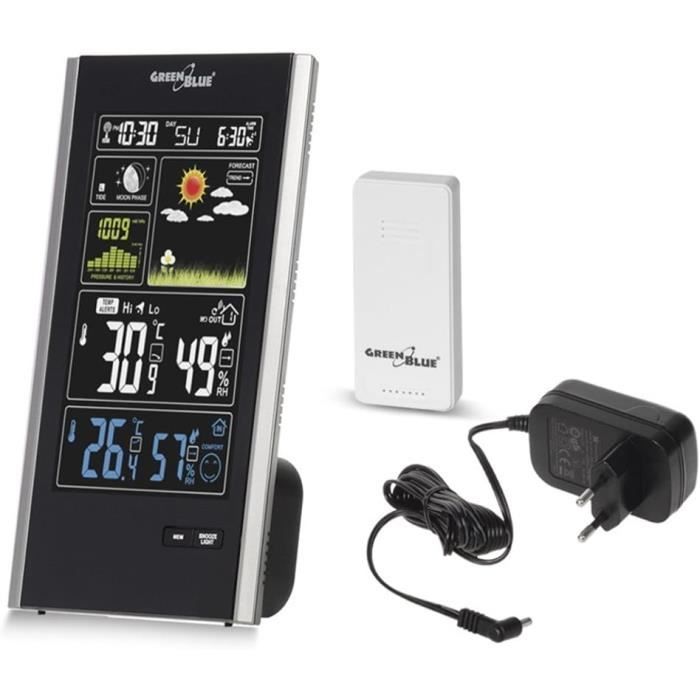 Stazione Meteo GreenBlue GB520 – Wireless Con Sensore Esterno, Previsioni Meteo, Sveglia, Igrometro, DCF, Display Retroilluminato