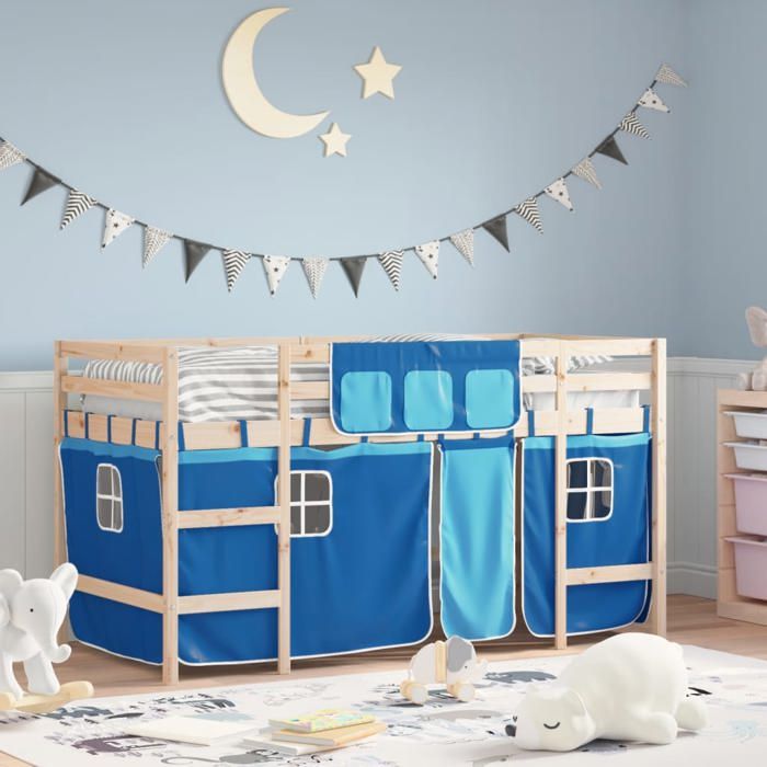 vidaXL Lit Mezzanine Enfants et Rideaux Lit Surélevé pour Enfants avec Échelle Meuble de Rangement Chambre Moderne Bleu 3206956