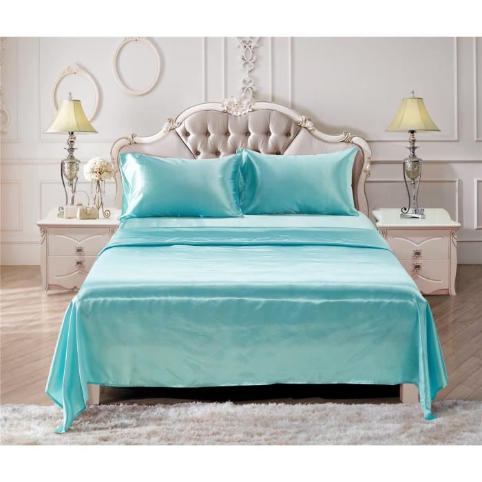 Parure De Lit 4 Pièces Satin De Soie Super King Size Crème - Drap Housse, Plat Et Taies