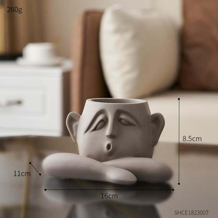 Vase Blanc Motif Visage Abstrait Sass & Belle - Grand Format, Design Minimaliste Moderne, En Dolomite - 6