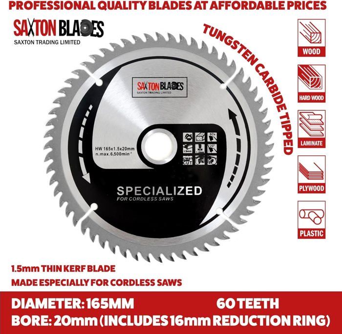 Lame De Scie Circulaire En Carbure Saxton 165mm - 48 Dents, Alésage 20mm Avec Bague 16mm - Compatible Bosch, Makita, Dewalt