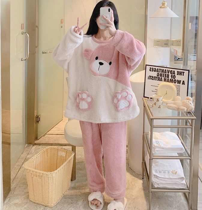 Pyjama Femme Manches Longues à Pois - Coton Doux - Confortable Et Mignon - Maison Et Voyage