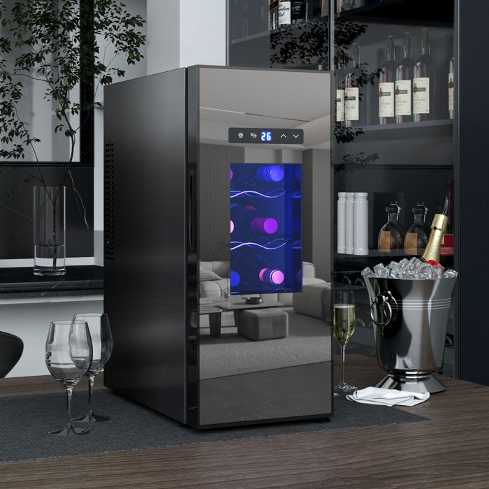 Cave à Vin HOMCOM 20 Bouteilles 53L - Porte Verre UV - Éclairage LED - Contrôle Température 5-18°C