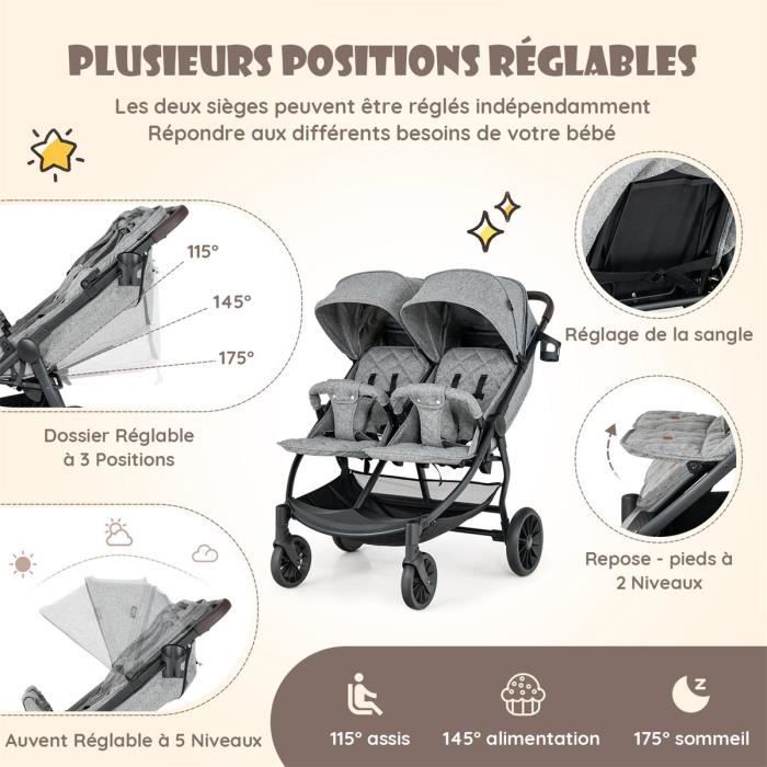 Costway Poussette Double Jumeaux Pliable Canne Landau Pour Bébé À