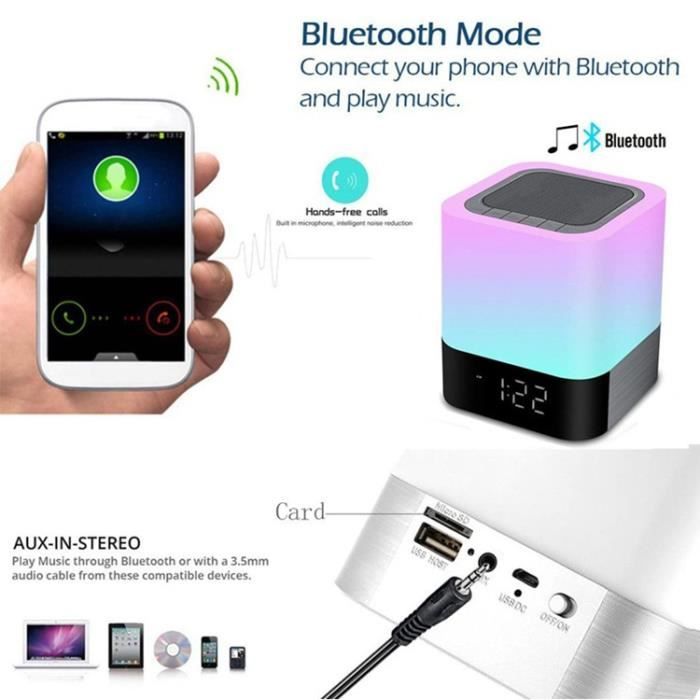 Haut-parleur Bluetooth Lampe de Chevet Tactile RGB Changement de Couleur  LED Enceinte Bluetooth Réveil Veilleuse Portable Lampe de Chevet Reveil