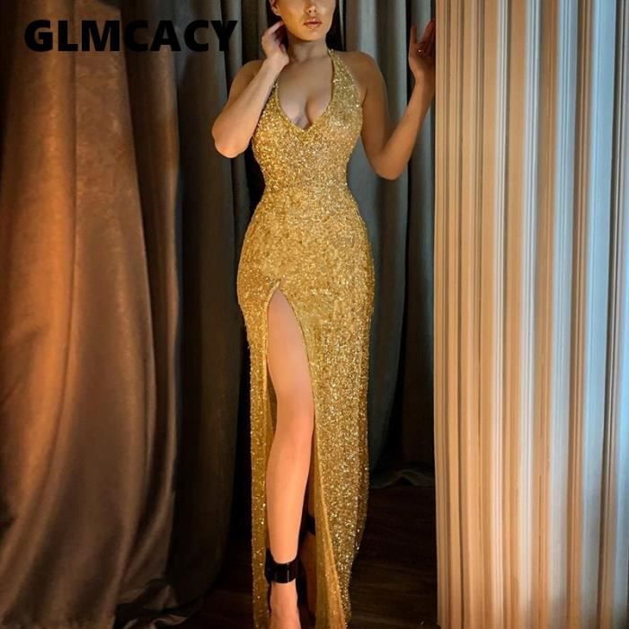 Robe Femmes or paillettes brillant Maxi robe Sexy sans manches haute fente soiree longue robes de Vestidos Type Or Blanc Cdiscount Pret a Porter