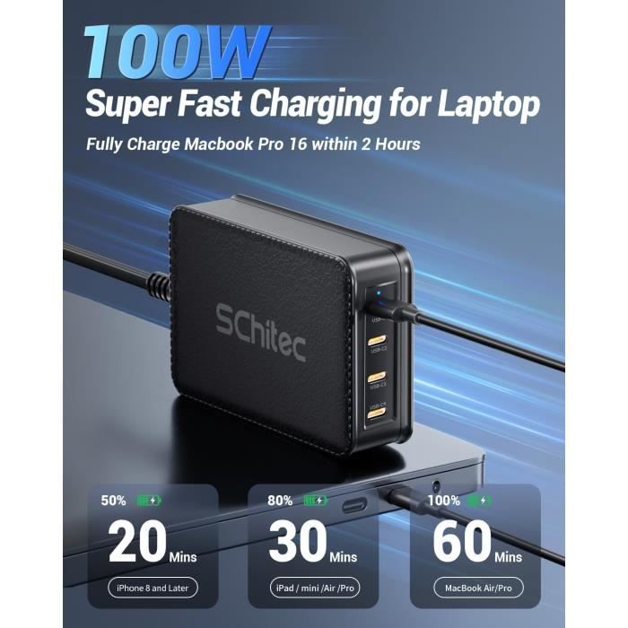 Chargeur 4 En 1 140 W - Adaptateur USB C Avec USB A - Comprend Un Câble USB C - 1,2