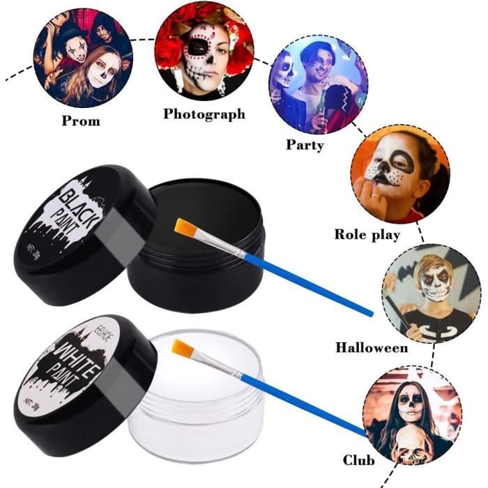 Maquillage D'Halloween Noir + Blanc Visage Corps Peinture Effets Spéciaux  Kit de Maquillage Kits de Peinture de Visage pour Adulte Couverture  Complète