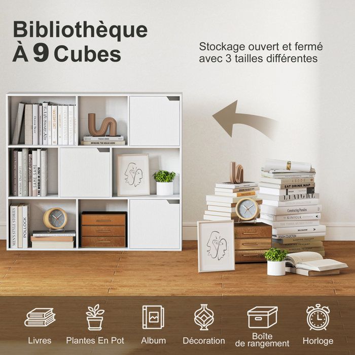 Bibliothèque 9 Cubes HOMCOM Avec Portes - 106x24x95 Cm Blanc - Meuble Rangement Salon Bureau - Charge 35 Kg Max