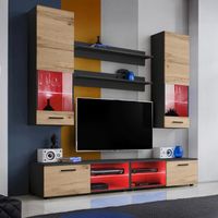 Ensemble de meubles TV Varallo Komodee - LED RGB - Bois Naturel Mat & Noir - 4 portes - L200cm x H195cm x P45cm