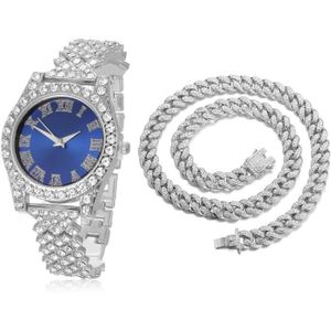 MONTRE Montre en Or Blanc pour Femme avec Diamants, Cadran Bleu et Chaîne Cubains 40cm Nacklace - Marque Fait à la Main
