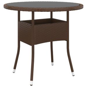 TABLE DE JARDIN  Meuble Table de jardin - Ø80x75 cm - Verre trempé-résine tressée Marron - 12.6 KG