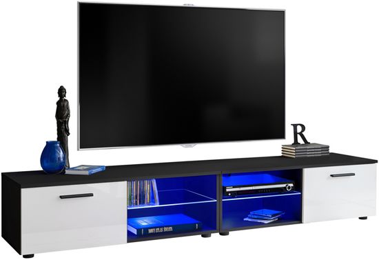 2x Meuble TV T32-100 - LED bleues - Blanc Brillant & Noir - Façades en Brillant - L200cm x H34.5cm x P45cm