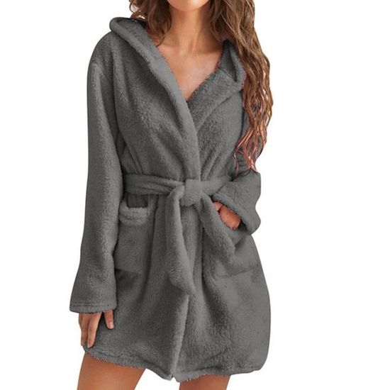 Peignoir de bain - Femme - Polaire l?�g?�re - Capuche - Doux - Gris - Cdiscount Maison