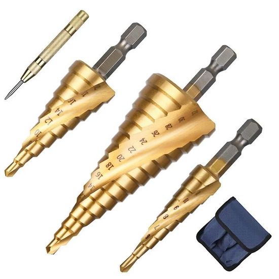 Foret Etagé, Foret Fraise Metal HSS 4PCS 4-12/20/32mm Meche Etage Perceuse Acier Fraise Forage Conique Triangle Avec Revêtement Titane Visseuse Percage Pour Acier/Bois/Laiton/Plastique/PVC