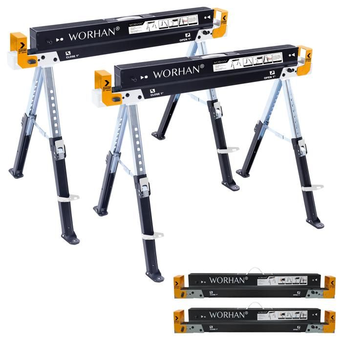 WORHAN® Tréteaux Paire Robuste Stable (set de 2) Pieds Antidérapants Ajustables Réglage Rapide Chavalet Sciage Pliants Acier Galvani