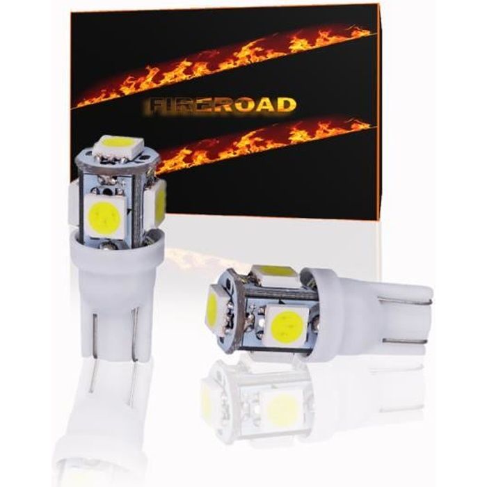 Ampoule LED T10 W5W voiture BLANC 2Pcs 6000K 5 SMD auto norme Française FIREROAD®