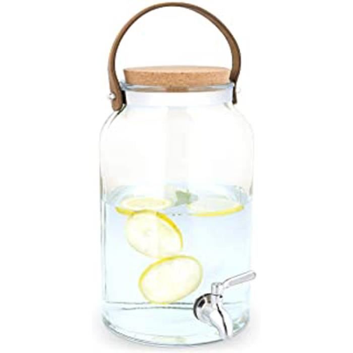 Distributeur de Boisson en Verre - Fontaine 5,6L avec Robinet Couvercle en liège et Anse - Carafe Eau Boissons Froides et Chaudes 70