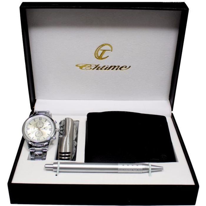 COFFRET CADEAU MONTRE HOMME + PORTEFEUILLE + STYLO + COUTEAU SUISSE