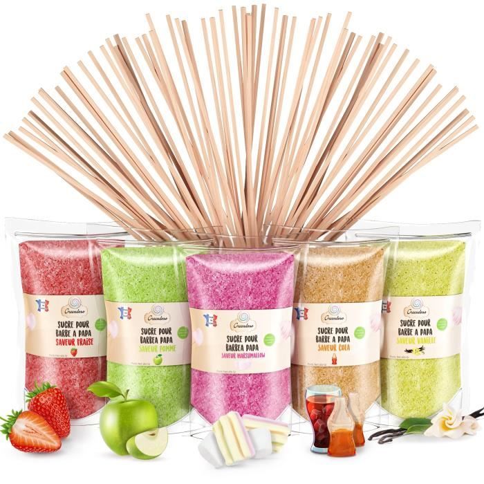 Sucre Barbe à Papa 5X160 Gr (Arômes et Colorants Naturels) Fraise-Cola-Pomme-Marshmallow-Vanille + 20 Bâtonnets de 28 Cm