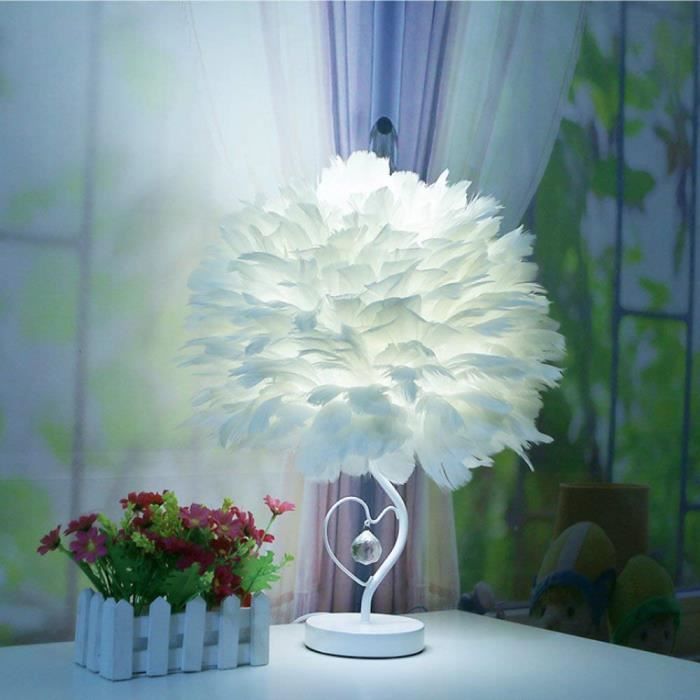 Lampe de table en plume cristal lecture de chevet forme cœur salons chambre E27 30cm