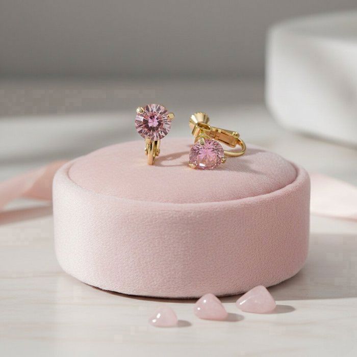 Boucles dOreilles - Femme - Dormeuses - Solitaire - Cristal - Rose - Plaqué Or Jaune 750/1000 - Sans Perçage - 15 x 10 mm
