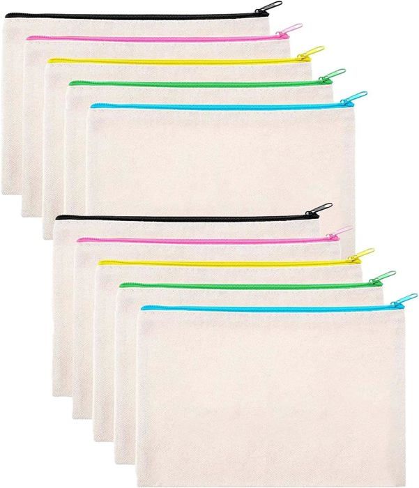 Lot De 10 Trousses En Toile Vierge à Personnaliser - 21x12 Cm, Fermeture éclair Métal - Pour DIY, Rangement Maquillage, Crayons, Voyage - Toile Blanche à Peindre, Décorer
