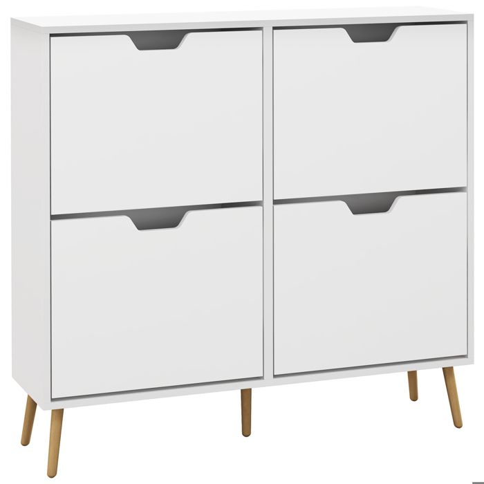 Meuble à chaussures - HOMCOM - 4 abattants - 16 paires - étagère réglable - pieds en bois de pin - grande capacité - blanc