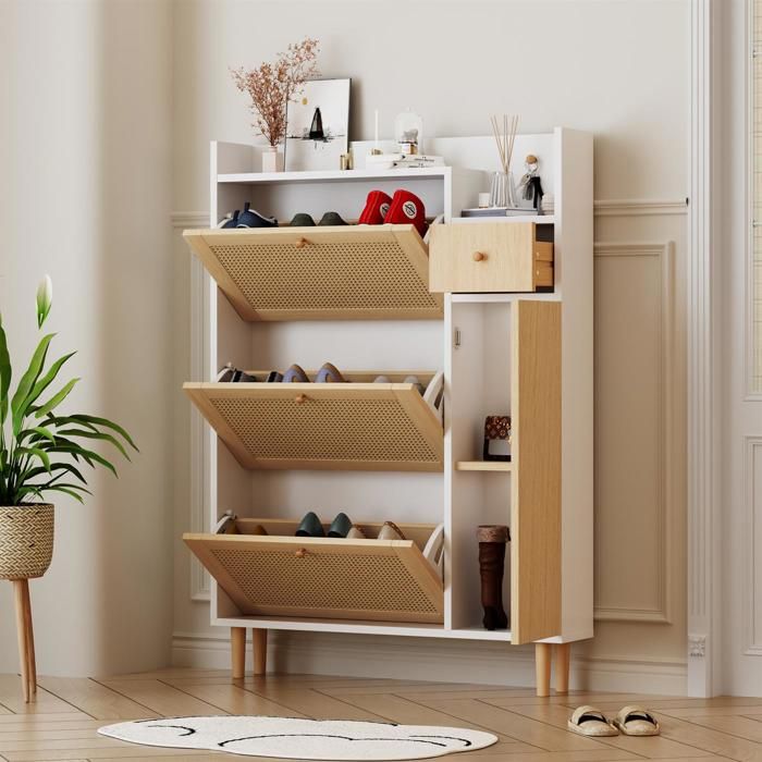 Meuble à chaussures - Bois brut et blanc - 3 portes - 1 tiroir - Style industriel - 12 paires