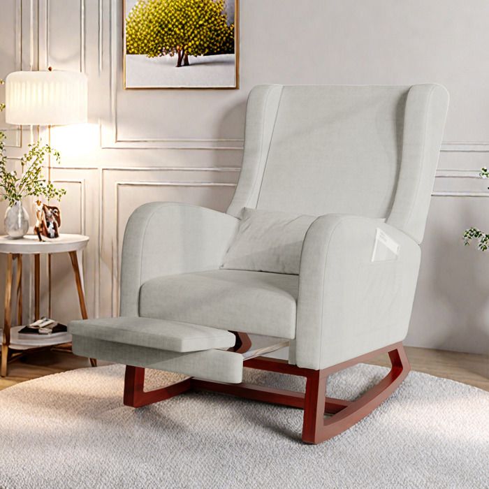 Chaise à Bascule - SOMUBI - Rocking Chair - Tissu Gris - Repose-jambes Télescopique - Poches de Rangement