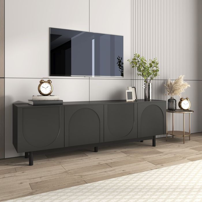 Meuble TV Noir Moderne Armoire TV Basse avec 4 Portes Structurées Léger de luxe Design Sobre 175x38x56cm