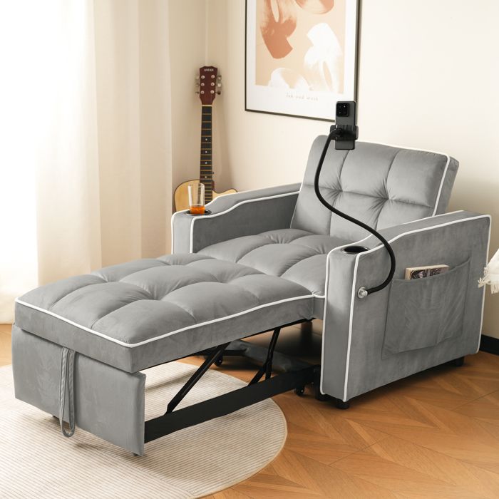 Fauteuil de SalonCanapé-lit Convertible 3 en 1 avec Porte-Boissons et Porte-Téléphone PortableCanapé 1 Place Gris Clair