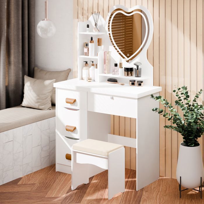 Coiffeuse avec Miroir LED -Luminosité réglable - 4 Tiroirs 4 Étagères - avec Tabouret - 80 x 40 x 135 cm - Miroir d’amour