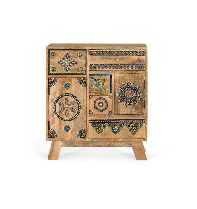 Commode en bois massif - Design artistique - 5 tiroirs - Multicolore - Handbemalt