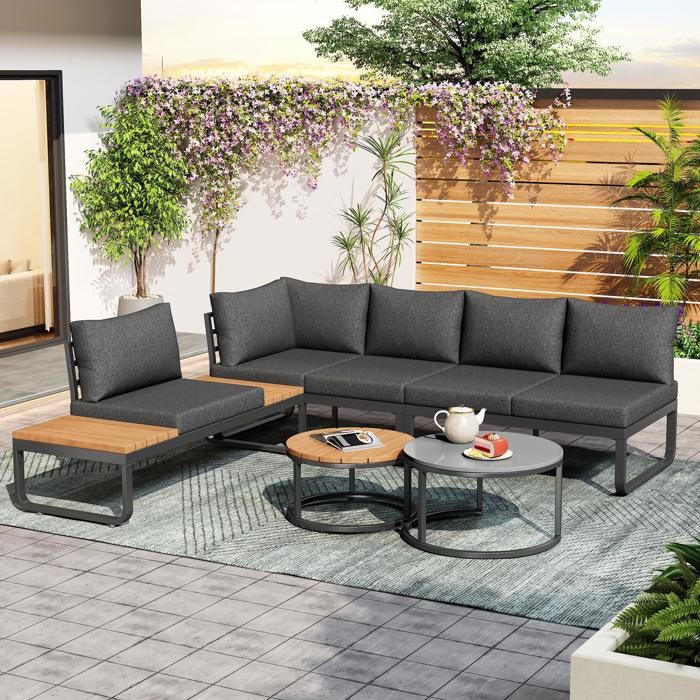 Salon bas de jardin Canapé de jardin 5 places avec table basse coussins oreillers pour extérieur jardin balcon - gris