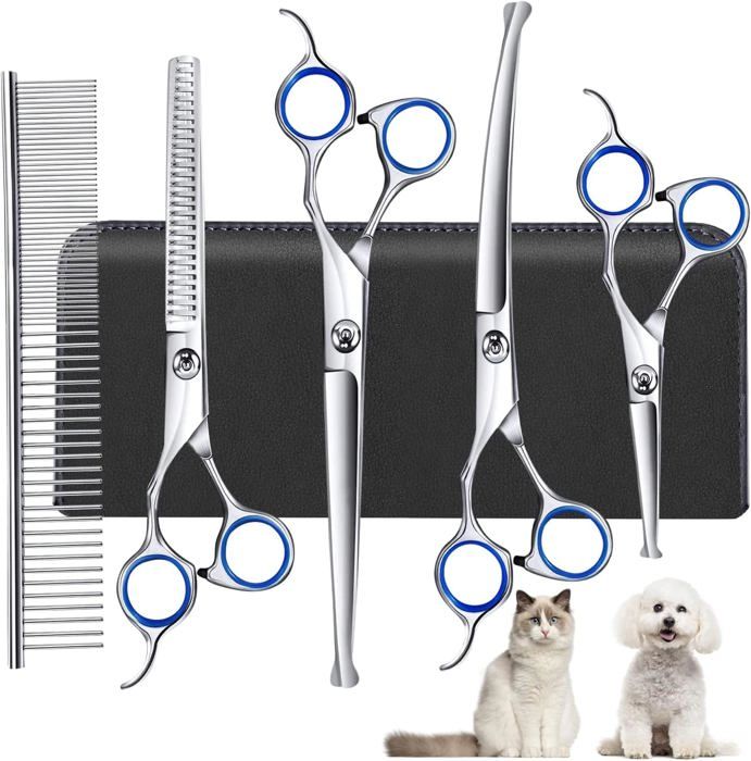 Comparer les prix de Ensemble de toilettage pour chien 6 en 1 ciseaux robustes en acier inoxydable (tête ronde)accessoires professionnels et durables