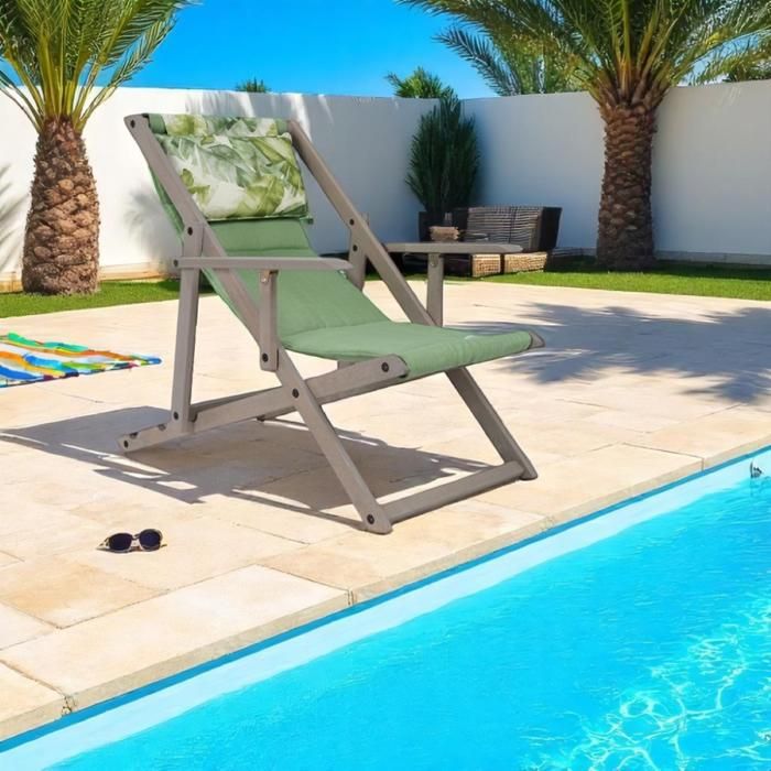 Chaise longue de plage pliante en bois de hêtre avec toile verte en polypropylène MICOS