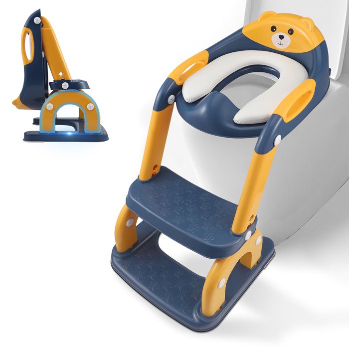 Réducteur Toilette Enfant Avec Escalier,2 à 7 Ans WC Enfant Siège De Toilette Avec PU Coussin Moelleux,Réglable En Hauteur,pour Toilettes En Forme De V, U, O (Bleu
