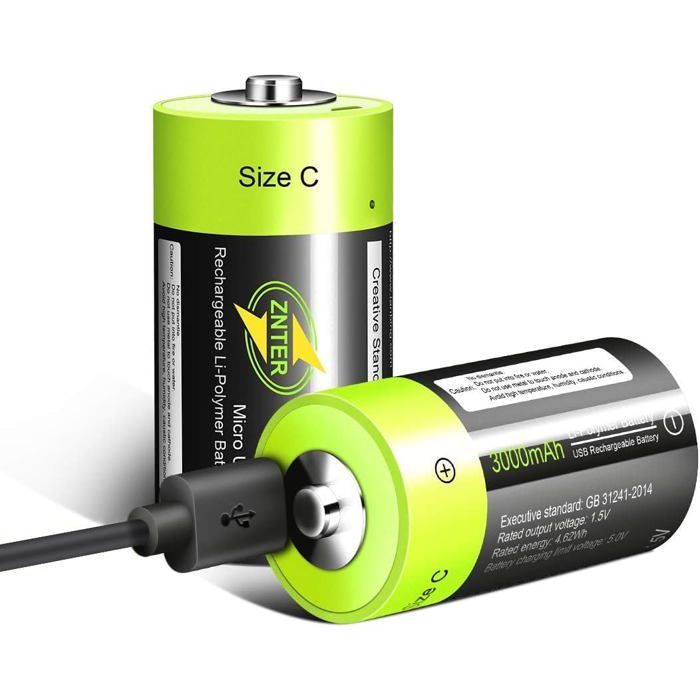2pc Batterie au Lithium C Piles Rechargeables Micro USB C Zelle Batterie C Rechargeable 1 5 V 3000 mAh Performance Durable et