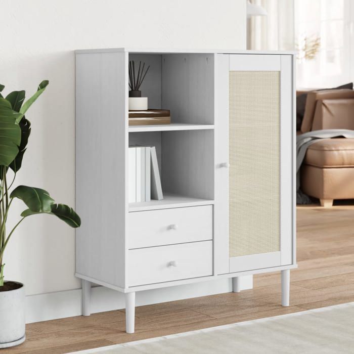 SALE 2025Meuble bas bahut vaisselier - Buffet SENJA aspect rotin blanc 90x40x112cm - Bois massif de pin 27 1 Kg 5032