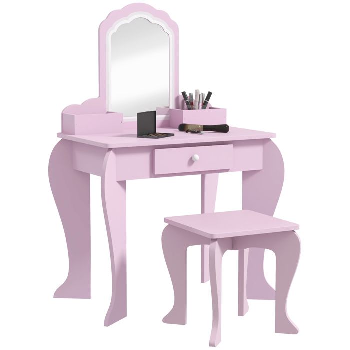 Coiffeuse pour enfant - ZONEKIZ - tabouret et miroir - tiroir et 2 compartiments - MDF et acrylique - 55x36x86cm - rose